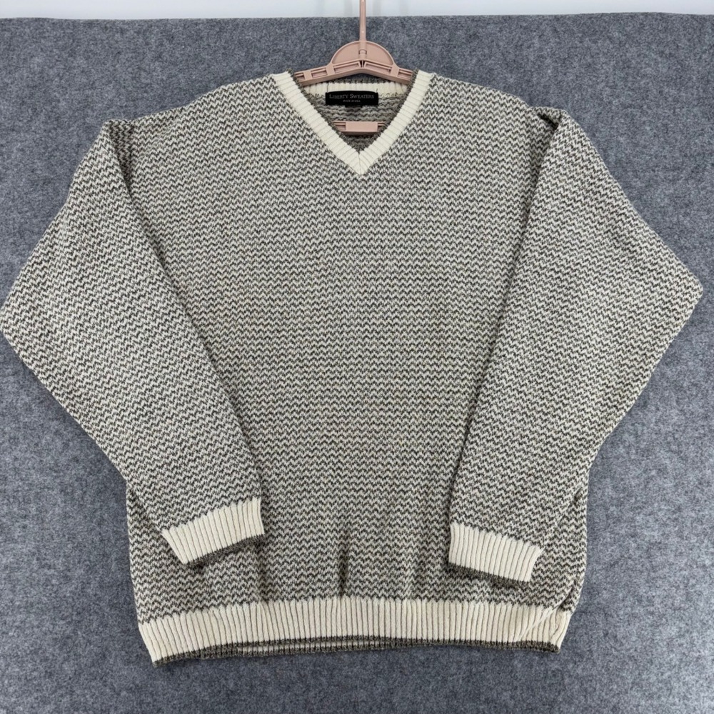 Liberty Sweaters Men V-Neck Pullover Beige Chevron Knit Cotton Blend Made in USA